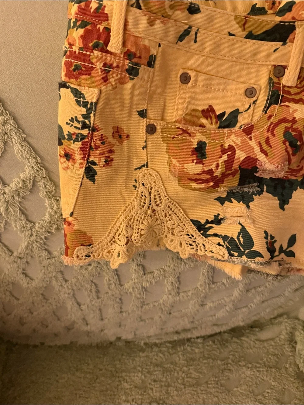 Mudd Yellow Floral Lace-Trim Jean Shorts